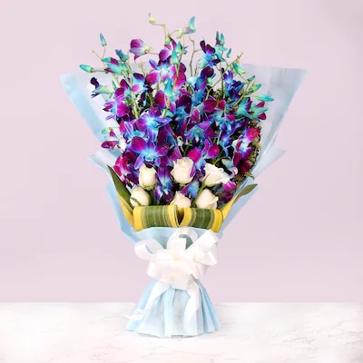 Love And Emotions Orchid Mixed Flowers,16 Flowers - 10 Blue Orchids + 6 White Roses.